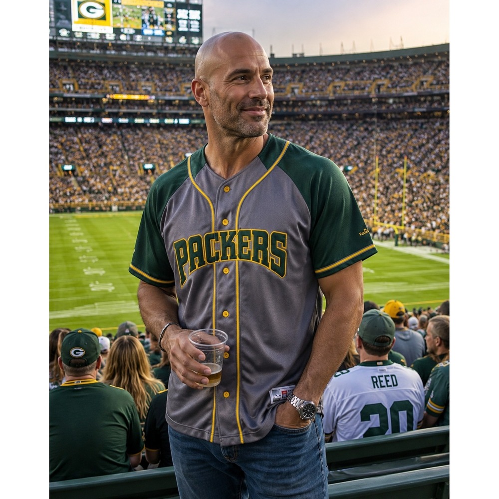 Green Bay Packers Jersey Large Puma Grey Green NFL Baseball Button Up #1204